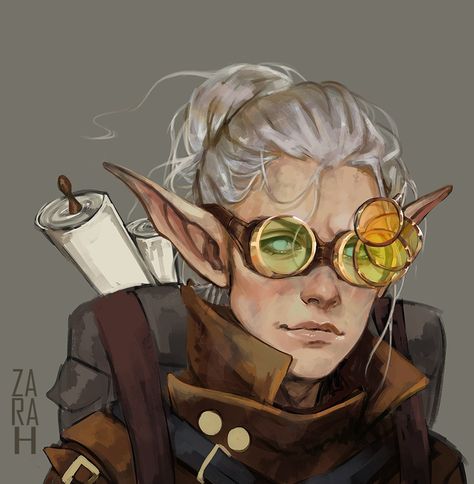 Firbolg Cosplay, Alchemist Character Art, Gnome Artificer Male, Dnd Steampunk Character, Elven Artificer, Zariel Tiefling, Halfling Artificer, Dnd Rogue Character Design, Pathfinder Character Art