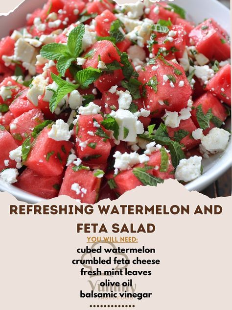 Refreshing Watermelon and Feta Salad 🍉 🌟 "Lighten up your Memorial Day with our Refreshing Watermelon and Feta Salad! Fresh, flavorful, and festive! 🍉🎉" Recipe: Refreshing Watermelon and Feta Salad Ingredients: 4 cups cubed watermelon 1 cup crumbled feta cheese 1/2 cup fresh mint leaves, chopped 2 tbsp olive oil 2 tbsp balsamic vinegar Instructions: In a large bowl, combine watermelon, feta, and mint. Drizzle with olive oil and balsamic vinegar. Gently toss and serve chilled. 🍉 Perfect for... Cubed Watermelon, Watermelon And Feta Salad, Fresh Eats, Watermelon Feta Salad, Watermelon And Feta, Watermelon Salad, Feta Salad, Fresh Mint Leaves, Salad Ingredients