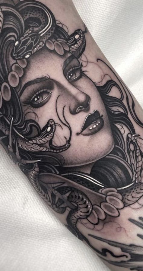 Black And Grey Woman Tattoo, Black And Grey Medusa Tattoo, Neotraditional Greek Mythology Tattoo, Open Mouth Skull Knee Tattoo, Black And Grey Lady Face Tattoo, Neo Trad Medusa, Neo Traditional Portrait Tattoo, Neo Traditional Tattoo Design Black And Grey, Medusa Color Tattoo