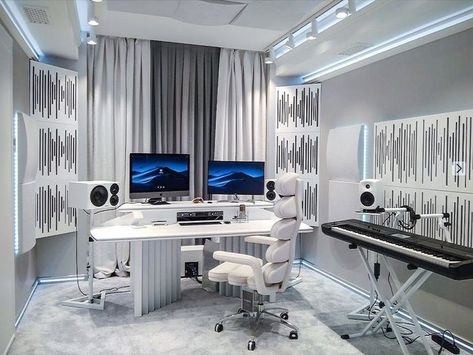 Music Studio Room Luxury, Music Studio Bedroom, Home Music Studio Ideas, White Setup, Music Room Ideas, Studio Room Design, Music Studio Design, Music Studio Decor, Home Recording Studio Setup