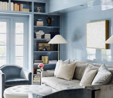 Benjamin Moore ‘water’s edge’ color matched in Fine Paints of Europe lacquer Round Leather Ottoman, Best Blue Paint Colors, Blue Paint Colors, Serene Bedroom, Blue Living Room, White Furniture, Dream Design, Shop Interiors, Décor Diy