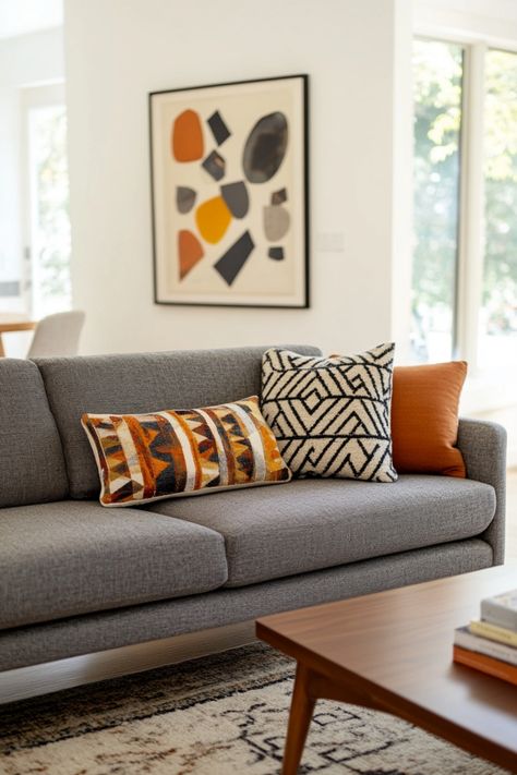 See stunning examples of mid-century modern living rooms and get ideas for how you can create your own. Mcm Living Room Grey Couch, Mid Century Modern Living Room Grey Sofa, Mid Century Modern On A Budget, Mid Modern Century Living Room, Grey Couch Decor, Mcm Living Room, Mid Century Modern Couch, Beautiful Bedroom Colors, Mid Century Modern Sectional Sofa