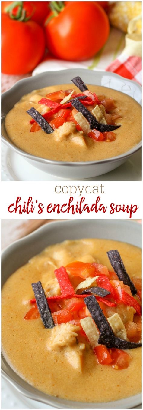 This Copycat Chili's Chicken Enchilada Soup tastes just like the restaurant's version. It is filled with chicken, tomatoes, cheese and red enchilada sauce and is so flavorful and delicious! #chilischickenenchiladasoup #enchiladasoup #chickenenchilada #copycatrecipe #enchiladasoup Chilis Enchilada Soup, Chili's Chicken Enchilada Soup, Chili Enchiladas, Chicken Enchilada Soup Recipes, Enchilada Soup Recipe, Chicken Tomatoes, Chicken Enchilada Soup, Enchilada Soup, Chicken Healthy