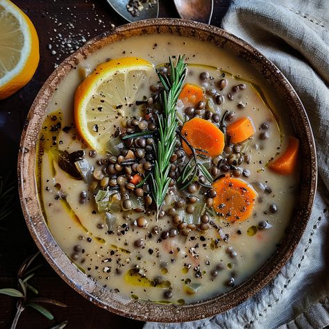 Lemon Rosemary Lentil Soup - Mika's Table -Flavors of Island Cuisine Rosemary Soup, Homemade Vegetable Broth, Lemon Rosemary, Special Place In My Heart, How To Dry Rosemary, Bowl Of Soup, Lentil Soup, Chopped Onions, My Kitchen