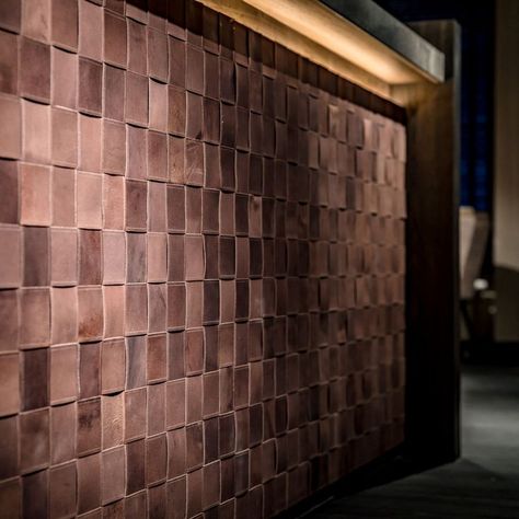 Leather bar, wall inspiration, leather wall finish, luxury leather Leather Panels Wall, Leather Wall Design, Leather Accent Wall, Commercial Accent Wall, Leather Art Wall, Fabric Wall Panelling, Leather Architecture, Marshmallow Toast, Feature Wall Interior Design