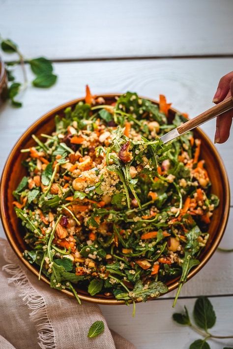 Moroccan Carrot and Chickpea Salad (with quinoa) | Two Spoons Salad Dressing Vegan, Recipe With Quinoa, Moroccan Carrot, Salad With Quinoa, Chickpea Salad Recipe, Moroccan Carrots, Spiralized Sweet Potato, Moroccan Salad, Chickpea Chili