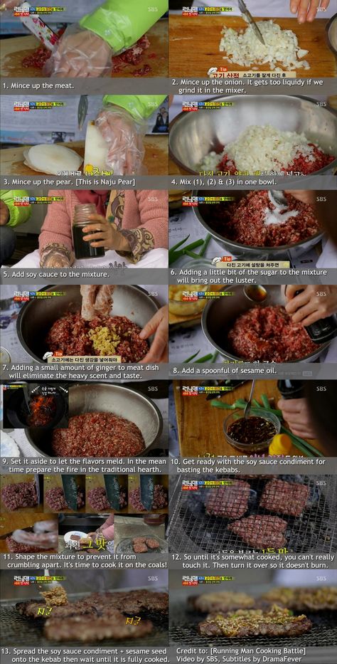 been wanting to make this sanjeok 산적 since I saw it in Running Man episode 180; from watching the show, approx. measurements are: 1kg beef, 1 large onion, 1 large pear, 1 large tbsp soy sauce, 1 tbsp sugar, 1 tbsp ginger, 1 small tbsp sesame oil; the soy sauce condiment has loads of sesame seeds in it Sanjeok Recipe, Koreansk Mad, Best Korean Food, Korean Recipe, Korean Kitchen, Polynesian Food, Korean Cooking, Spicy Dishes, Food O