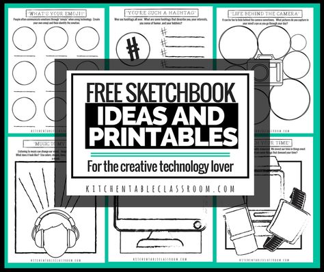 There is no avoiding technology these days.  Instead, let’s embrace it.   Use these fun (& free) sketch book ideas to encourage your kids to think about technology in a conscious and creative way!  These printable sketchbook ideas are perfect as conversation starters, early finishers, or brainstorming for projects to come.  Keep a stack on … Sketch Book Prompts, Sketchbook Prompts, Homeschool Freebies, Book Prompts, Homeschool Printables, Art Printables, Free Homeschool, Board Decoration, Sketchbook Ideas