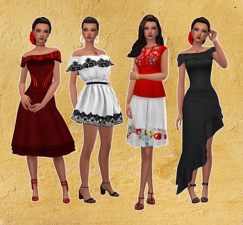 mmcc lookbooks Sims 4 Mexican Cc, Sims 4 Mexican, Queer Clothes, Around The Sims 4, Sims 4 Blog, Sims Games, Mexican Outfit, Culture Clothing, Mexican Women