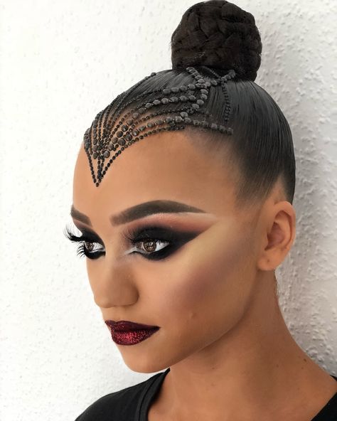 Hairstyle & makeup for beautiful Lisa🖤💣👑 #goc2018 #hairstyle Ballroom Competition Makeup, Dancesport Makeup, Latin Ballroom Hairstyles, Recital Makeup, Latin Hairstyles, Dance Competition Makeup, Latin Makeup, Ballroom Dancing Hairstyles, Dancesport Hair