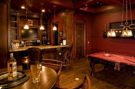 home bar design ideas, furniture and decorative accessories Red Pool Table Room Ideas, Mediterranean Family Room, Home Bar Design, Game Room Bar, Home Pub, Game Room Family, Harmony House, Man Cave Home Bar, Rustic Bar