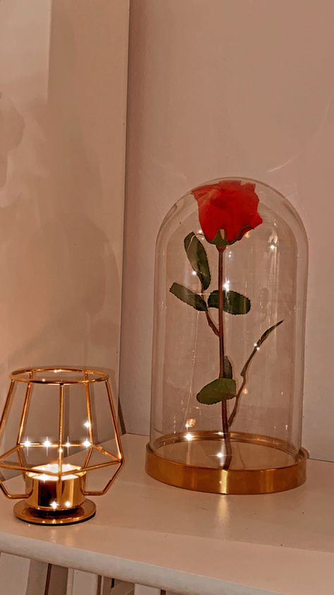 Rose Gold Room Aesthetic, Red Roses Bedroom Decor, Rose Petals And Candles Bedroom, Rose Theme Bedroom, Disney Aesthetic Bedroom, Rose Theme Room, Rose Themed Room, Romantic Academia Aesthetic Room, Red Candles Aesthetic