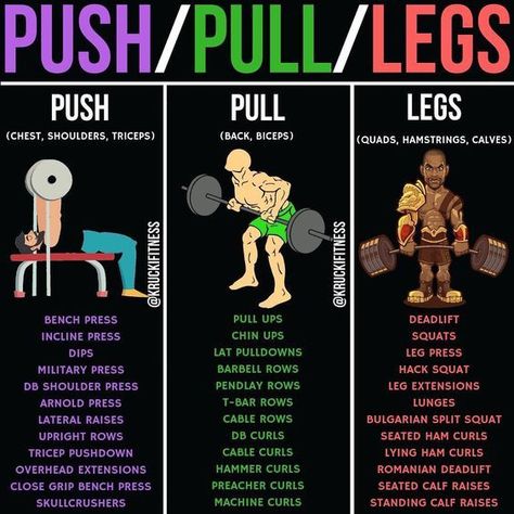 PUSH/PULL/LEGS! If you are doing a push/pull/legs split, you really have lots of options to choose from when it comes to your exercises. Here's a great list of exercise options you can do for each day. Here's how you can set it all up to make the perfect PPL routine for yourself: First, pick 2-3 exercises per body part for each of the push, pull and leg days. Make sure they're exercises you enjoy. Next, make sure you have 1 strength day and 1 hypertrophy day for each section for the week. Push Pull Legs Workout, Planning Sport, Push Pull Workout, Push Pull Legs, Fitness Hacks, Bolesti Chrbta, Best Workout Routine, Workout Splits, Barbell Workout