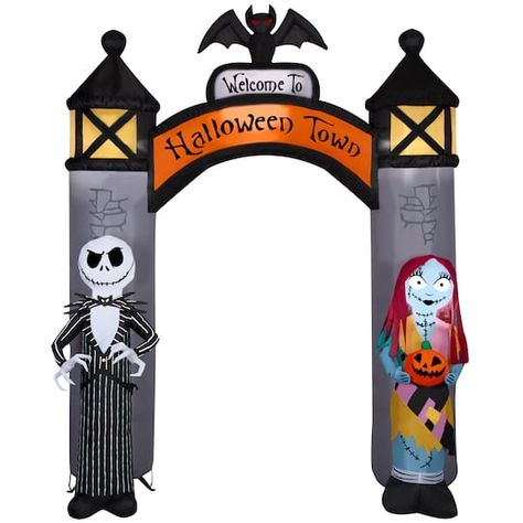 "Buy the 8.5ft. Airblown® Inflatable NBC Welcome to Halloween Town Archway at Michaels. com. Styled as two cement pillars topped with lanterns and a spooky bat, this The Nightmare Before Christmas Halloween inflatable features Jack Skellington and his leading lady Sally. It makes an eye-catching addition to your Halloween decorations. Create a grand entrance with an Airblown Inflatable Halloween Town archway! Fans of The Nightmare Before Christmas will love this amazing Halloween archway emblazo Jack Skellington Inflatable, Halloween Archway, The Nightmare Before Christmas Halloween, Nightmare Before Christmas 2, Jack Y Sally, Inflatable Party Decorations, Halloween Lawn, Nightmare Before Christmas Decorations, Nightmare Before Christmas Halloween