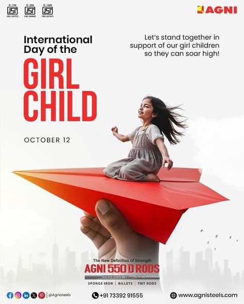 𝐈𝐧𝐭𝐞𝐫𝐧𝐚𝐭𝐢𝐨𝐧𝐚𝐥 𝐝𝐚𝐲 𝐨𝐟 𝐓𝐡𝐞 𝐆𝐢𝐫𝐥 𝐂𝐡𝐢𝐥𝐝👧

Let's stand together in support of our girl children so they can soar high!💫

#internationaldayofgirlchild #UN #girlchildday #womenempowerment #agnisteels National Girl Child Day Creative Ads, National Girl Child Day Creative Poster, International Girl Child Day Posters, International Day, Child Day, Our Girl, Women Empowerment, Let It Be