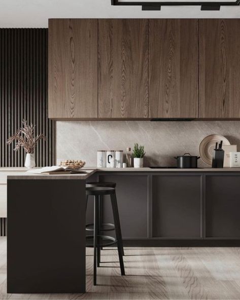 Dark Kitchens, Minimal Kitchen Design, Condo Kitchen, Modern Kitchen Interiors, Contemporary Kitchen Design, Kitchen Models, House Design Kitchen, Kitchen Room Design, Kitchen Inspiration Design