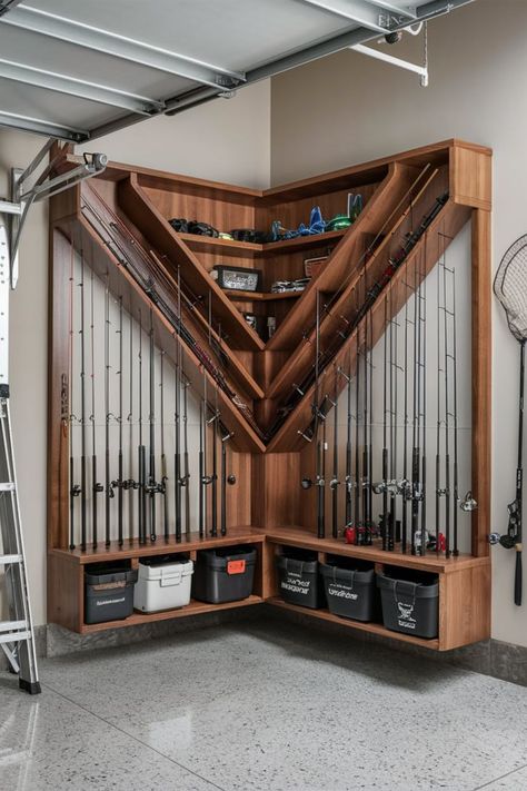 20 Fishing Pole Storage [Within Budget] – craftydiyers.com Fishing Cabinet Storage, Fishing Kayak Storage, Fishing Rods Storage, How To Display Old Fishing Lures, Fishing Pole Wall Decor, How To Store Fishing Poles In Garage, Fishing Storage Room, Tackle Room Ideas, Garage Fishing Rod Storage