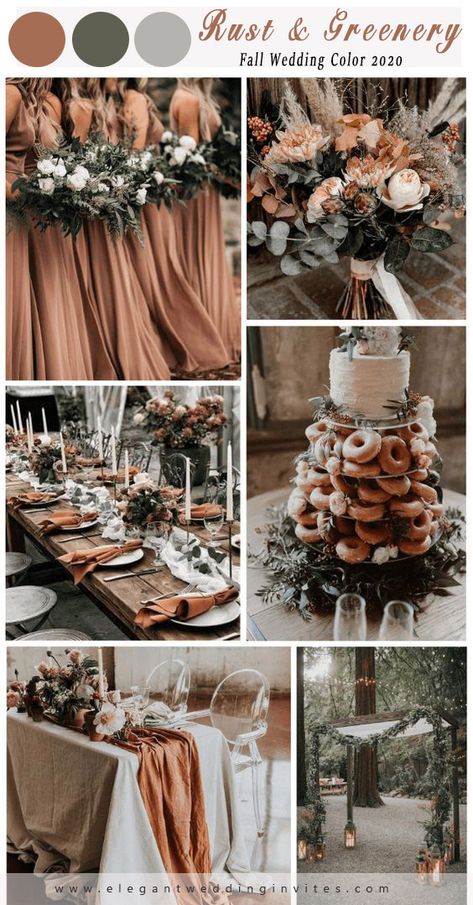 fall wedding color ideas for rust and greenery Country Wedding Colors, Rust Bridesmaid Dress, Fall Wedding Color Schemes, Rusting Wedding, Wedding Color Combos, Wedding Color Trends, Wedding Themes Fall, Brown Wedding, Wedding Theme Colors