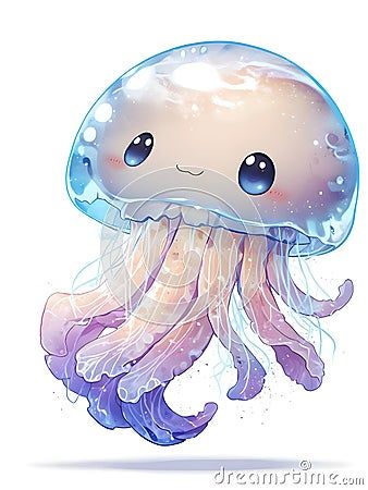 charming-illustration-features-adorable-kawaii-jellyfish-delightful-expression-jellyfish-depicted-translucent-pastel-colored-bell-tentacles-giving-soft-whimsical-appearance-large-sparkling-eyes-subtle-blush-add-to-its-cuteness-making-endearing-piece-art-perfect-children-s-books-stationery-decor-kawaii-jellyfish-brings-touch-joy-whimsy-to-any-setting Jellyfish People, Kawaii Jellyfish, Charming Illustration, Sparkling Eyes, Cartoon Design, Art Toy, Jellyfish, Blush, Pastel