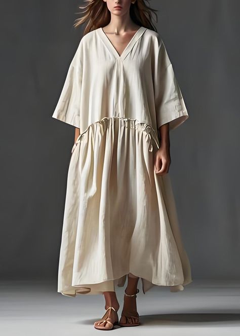 Italian Beige V Neck Wrinkled Patchwork Linen Long Dress SummerFabric: Cotton 45%, Linen 55%Size & Fit: Fit: This garment fits true to size.Length: Size 2XL measures 48.75"from shoulder to hemBust: Great for any cup size. Waist: Loose Fit. Comfortable room throughout midsection.Hip: Loose Fit - room for hips. Hand Wash Cold. Linen Long Dress, Long Dress Summer, Neck Wrinkles, Long Sleeve Outfits, Long Linen Dress, Half Sleeve Dresses, Oversized Dress, Linen Maxi Dress, Summer Dress Outfits