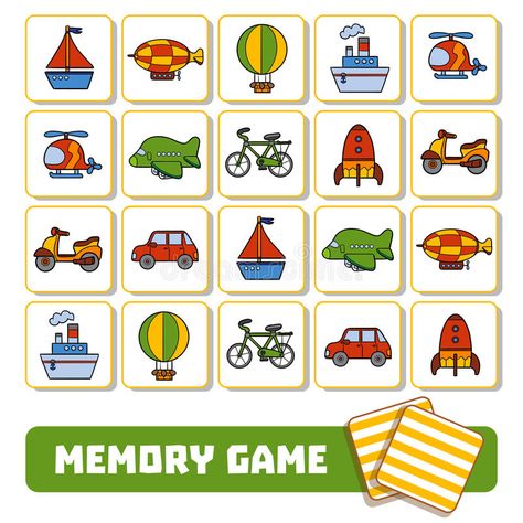 Memory game for children, cards with transport objects stock illustration Transportation Activities, Game Place, Kindergarden Activities, Memory Games For Kids, Game For Children, Memory Game, Preschool Games, Game Pictures, Memory Games