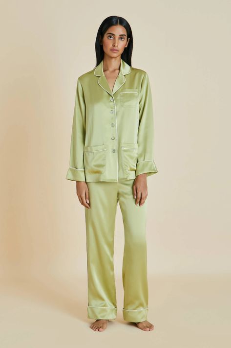 Olivia von Halle | The Coco Vert | Silk Satin Plain Green Luxury Pajama Set Silk Sleepwear Pajamas, Woman Sleepwear, Delicate Lingerie, Luxury Pajamas, Satin Pajama Set, Silk Pajamas Women, Olivia Von Halle, Pyjama Satin, Women Sleepwear