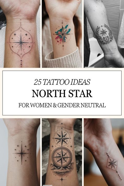 Collection of six North Star tattoo designs for women and gender neutral styles. Small Wrist Tattoo Ideas, North Star Design, Finding Your Path, Small Wrist Tattoo, Staying True To Yourself, Wrist Tattoo Ideas, Meaningful Tattoo, Small Wrist Tattoos, Tattoo Ideas For Women