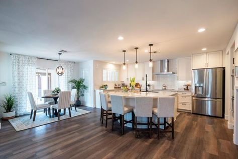 Kitchen Dining Room Layout, Property Brothers Designs, Property Brothers Forever Home, Drew And Jonathan Scott, Dining Room Layout, Renovated Kitchen, Large Sectional Sofa, Drew Scott, Sunken Living Room