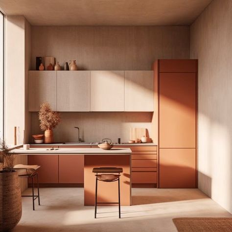 Kitchen Interior Colour Combination, Warm Kitchen Colors, Eichler Kitchen, Kitchen Diner Lounge, Earthy Kitchen, Retro Interior Design, Wood Interior Design, Hotel Room Design, Orange Kitchen