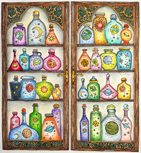 Potions class at Hogwarts, anyone? 🧙😃 from Rooms of Wonder by Johanna Basford. Used Brutfuner 520, Kalour 300, Obos, Luminance, Lightfast pencils, Zig Clean Color pens. Rooms Of Wonder Johanna Basford Finished, Room Of Wonders Johanna Basford, Rooms Of Wonder Johanna Basford Finished Pages, Rooms Of Wonder Finished Pages, Johanna Basford Rooms Of Wonder, Rooms Of Wonder Johanna Basford, Sketch Notes Doodles, Rooms Of Wonder, Johanna Basford Books