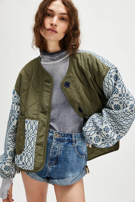 Soleil Sky Liner | Free People Quilted Patchwork Jacket, Quilted Jacket Pattern Free, Quilted Jacket Street Style, Quilted Jacket Pattern, Collarless Leather Jacket, Patchwork Quilt Jacket, Quilted Denim, Liner Jacket, Packable Jacket