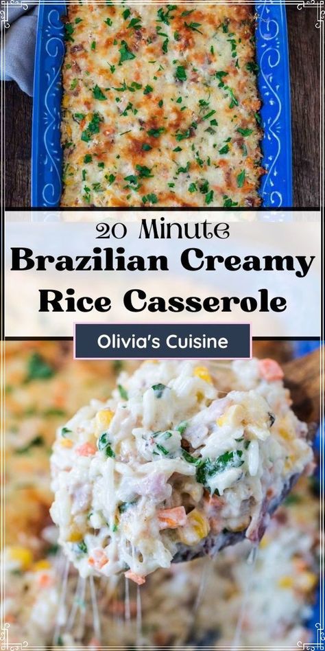 Looking for more easy dinner recipes to feed a crowd? This Brazilian Creamy Rice Casserole is not only delicious but VERY easy and quick to prepare. It is ready in 20 minutes and is a great way to use up the leftovers in your fridge! Creamy Rice Casserole, Recipes To Feed A Crowd, Cooked Rice Recipes, Leftover Rice Recipes, Chicken Rice Recipes, Rice Casserole Recipes, Creamy Rice, Easy Rice Recipes, Leftover Rice