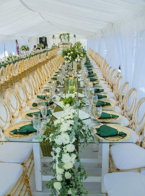 African Wedding Theme, Emerald Wedding Colors, Emerald Green Wedding Theme, Green Wedding Decorations, Wedding Ceremony Decorations Outdoor, South Africa Wedding, Simple Beach Wedding, Africa Wedding, African Traditional Wedding Dress