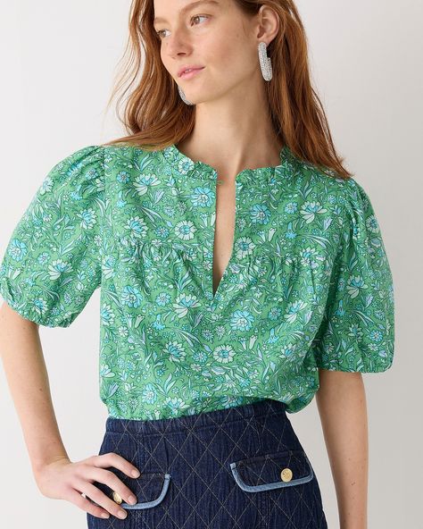 Boxer Shorts For Women, Pencil Skirt Work, Ruffle Collar, Jcrew Women, Winter 2023, Green Tops, Floral Blouse, Ruffle Trim, Print Tops