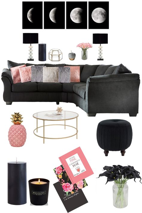 I so love contrast. This black sectional with blush and grey accent pillows and some gold touch from the table, also with all this candles makes this living room suitable for a witch. Now I realize I forgot the cat guys. What do you think, is this your choice or i to much? Living Room Decor Black, Blush Living Room, Black And Gold Living Room, Room Decor Black, Black Sectional, Black Furniture Living Room, Blush Decor, Cheap Living Room Furniture, Black Living Room Decor