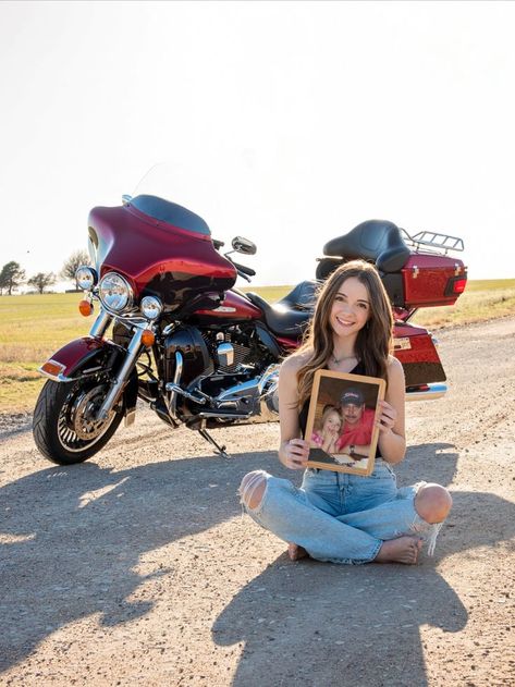 Memorial Inspired Senior potraits, harley davidson, country road Memorial Senior Picture Ideas, Senior Picture Ideas Motorcycle, Memorial Photoshoot, Senior Pictures With Motorcycle, Motorcycle Senior Pictures, Senior Photos With Motorcycle, Pinup Motorcycle Photo Shoot Ideas, Harley Bouidor Photos, Bouduar Photos Motorcycle