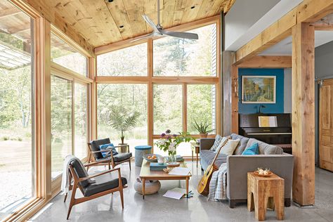 Adding Sunroom To Front Of House, Atrium Room Ideas, Cottage Sunroom Exterior, Sunroom Office Combo, Sunroom Picture Window, California Sunroom Ideas, Modern Four Season Room, L Shaped Sunroom, Open Sunroom Ideas