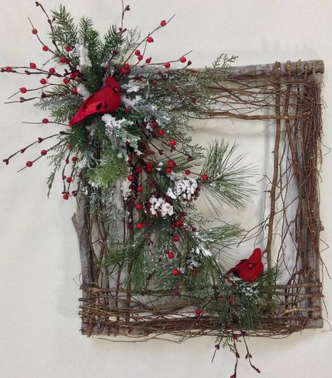 Square Twig Wreath Cardinal Wreath Winter by CrookedTreeCreation: Cardinal Wreath, Square Wreath, Wreath Winter, Twig Wreath, Xmas Wreaths, Christmas Arrangements, Rustic Wreath, Christmas Frames, Deco Floral