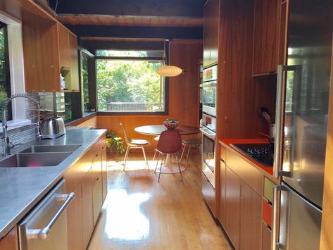 Mid Century Remodel, Mid Century Dishes, Galley Kitchen Design, Mcm Kitchen, Galley Kitchen Remodel, Galley Style Kitchen, Mid Century Ranch, Mid Century Modern Kitchen, Galley Kitchen