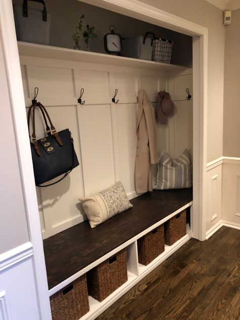 Front Entry Way Cubbies, Front Porch Closet Ideas, Built In Mudroom Bench With Storage In Closet, Enterance Closet Idea, Closet Into Mud Room Nook, Hallway Closet Mudroom Ideas, Closet Turned Into Cubbies, Turn Hall Closet Into Mudroom, Diy Closet Bench With Storage