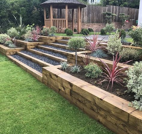 Decking With Steps, Tiered Garden Ideas Sloped Yard, Tiered Garden Ideas, Tiered Yard, Sloped Garden Ideas, Stepped Garden, Sloping Garden Ideas, Backyard Hill, Terraced Garden