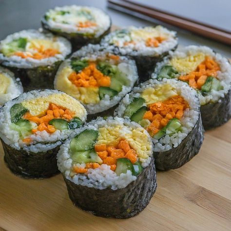 Korean Kimbap Recipe with Veggies + Eggs - Instacart Korean Kimbap, Kimbap Recipe, Korean Cooking, Sesame Oil, Cucumber, Carrots, Egg, Rolls, Rice