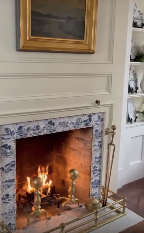 Cotswolds Fireplace, Vintage Tile Fireplace, Delft Tiles Fireplace, Delft Fireplace, Delft Tile Fireplace, Tile Fireplace Surround, Fireplace Fender, Country Fireplace, Living Room Playroom