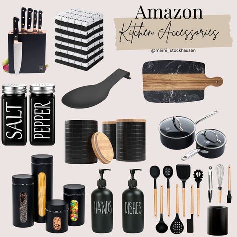 Kitchen accessories. Modern home. Amazon. Amazon home. Wedding gifts. Matt Black Kitchen Accessories, Black Kitchen Supplies, Matte Black Kitchen Accessories, Black Kitchen Utensils Aesthetic, Black Kitchen Utensils, Matte Black Utensils, Kitchen Decor Amazon, Kitchen Decor Black, Black Kitchen Accessories