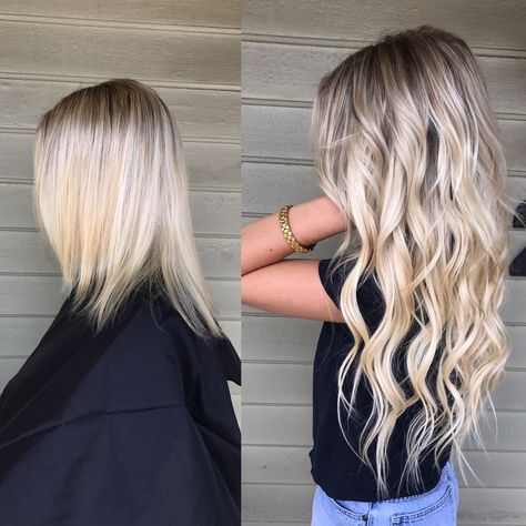 Blond Extensions Before And After, 16 Inch Long Hair Extensions, Styled Hair With Extensions, Extension Hair Before And After, Blonde Hair Extensions Tape In, Curly Blonde Extensions, Fusion Extensions Before And After, Jz Styles Hair Extensions Colors, Blonde Hair Extension Ideas