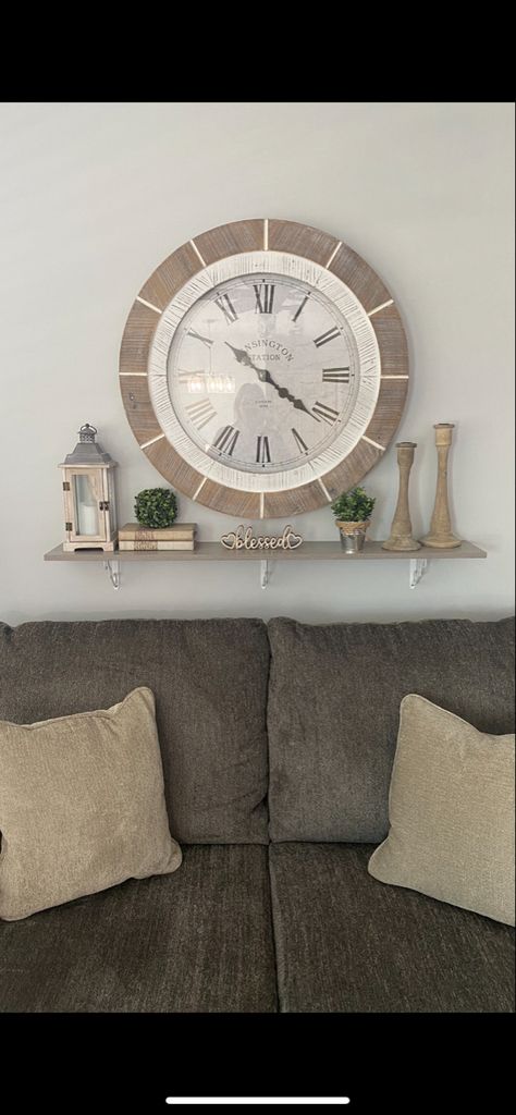 Wall Clock With Shelves, Shelf Under Clock On Wall, Clock Behind Couch Decor, Clock And Shelf Wall Decor, Giant Clock Wall Decor, Large Clocks Living Room, Living Room Clock Wall Decor, Dining Room Floating Shelves, Clock Wall Decor Ideas