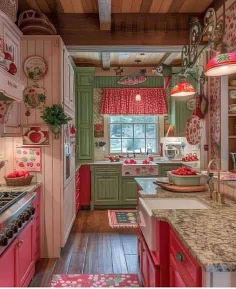 House Interior Colourful, Granny Core Aesthetic Home, Colorful Cottage Core Kitchen, Vintage Pink And Green Kitchen, Pink And Green Aesthetic Vintage, Pink And Green Cottagecore, Green Kitchen Cottage Core, Colorful Eclectic Kitchen, Cottagecore Kitchen Rental