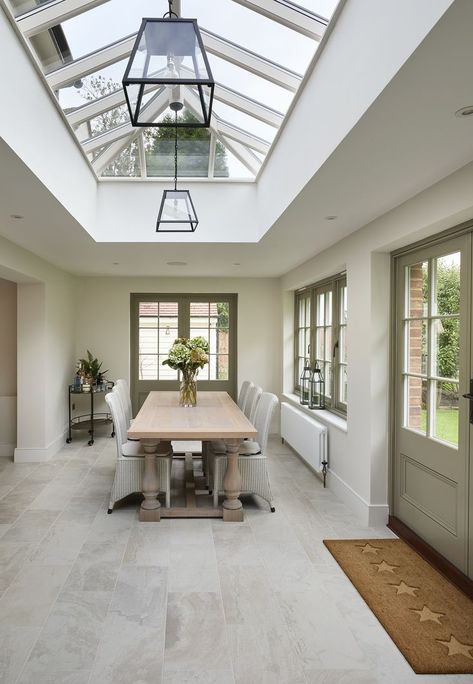 The clean lines and symmetry of a roof lantern create an incredible architectural impact when viewed from inside or out. Kitchen Roof Lantern, Roof Lantern Lighting Ideas, Aluminum Roof Houses, Lantern Roof Extension, Farm Bungalow, Orangery Extension Kitchen, Lantern Roof, Roof Lanterns, Kitchen Orangery