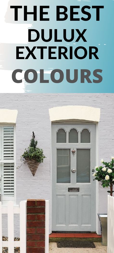 the best dulux exterior paint colours, grey house with grey front door, those bush next to it and a hanging planter on the other side of the door. Dulux Pozieres Exterior, Front House Paint Exterior Colors, Dulux Masonry Paint Colours, Dulux Weathershield Exterior Colours, Exterior Paint Colors For House 2023, Dulux Exterior Colours, Dulux Exterior Paint Colours, Outdoor Wall Paint, Pink House Exterior