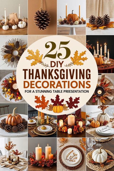 Elevate your Thanksgiving table with 25 easy DIY decor projects that add warmth and elegance. These Thanksgiving decorations are perfect for any style, from cozy rustic to chic modern. Try these DIY ideas to bring seasonal charm and impress your family and friends this holiday. #ThanksgivingTable #DIYDecor #HolidayTableIdeas Boho Thanksgiving Table, Apple Candle Holders, Diy Thanksgiving Decorations, Thanksgiving Decorations Diy Table, Rustic Thanksgiving Decorations, Thanksgiving Dinner Decor, Cranberry Candles, Thanksgiving Decor Ideas, Table Presentation